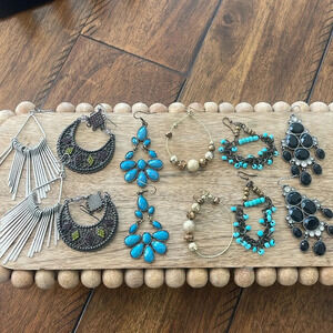 6 pairs bundle fashion earrings dangling drop hoops silver gold green black